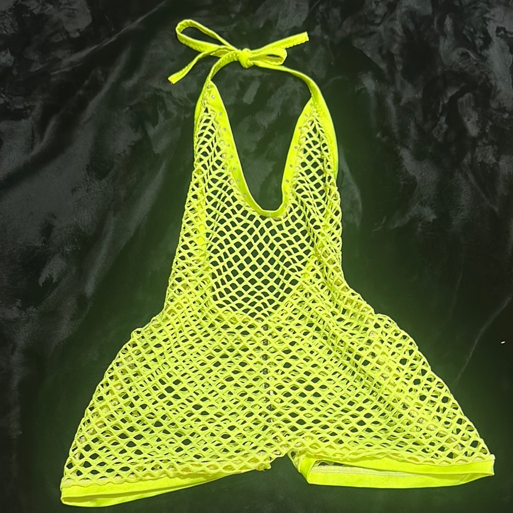 Neon Yellow Fishnet Halter Bodysuit Spicy Accountant